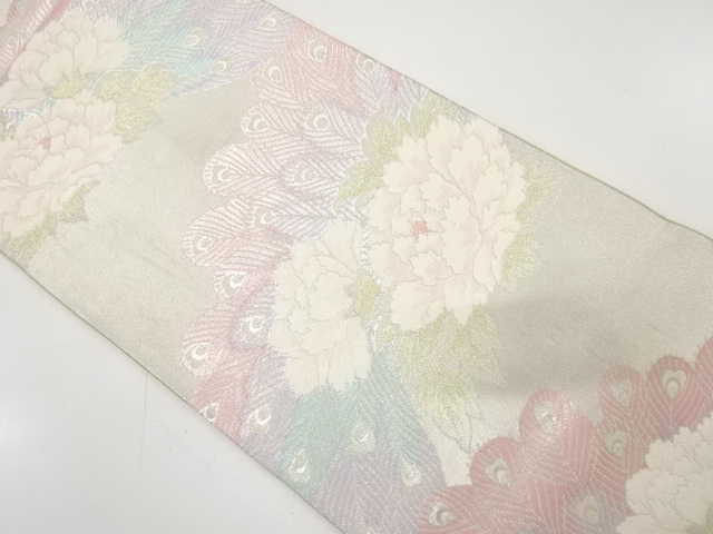 JAPANESE KIMONO / ANTIQUE FUKURO OBI / SILK / WOVEN PEONY & PEACOCK FEATHER